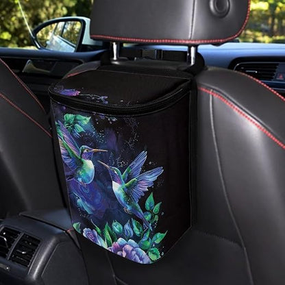Talayituse Hummingbird Floral Print Car Trash Bin, Large Size Auto Trash Can Adjustable Portable Garbage Can with Lid, Vehicle Hanging Bag for Headrest Front Back Seat