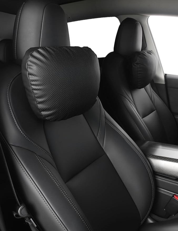 TPARTS Leather Headrest Neck Pillow for Tesla Model Y/X/3/S, Tesla Model 3 Accessories, Tesla Model Y Accessories, Car Neck Pillow for Traveling (1pc Black)