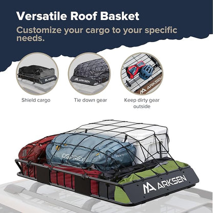 ARKSEN 54" x 34" x 6" Roof Rack Cargo Basket with Extension, 150 LBS Universal Heavy Duty Steel Rooftop Carrier with Cargo Net & Tie Down Straps for SUV, Truck, RV, Pickup