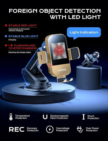 Wireless Car Charger, 15W Fast Charging Auto Clamping Car Charger Phone Mount Phone Holder fit for iPhone 15 14 13 12 11 Pro Max Xs, Samsung Galaxy S24 Ultra S23 S22 S21, S20, S10+, Golden