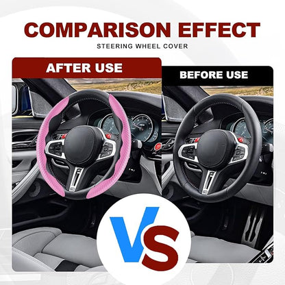 Universal Fit Carbon Fiber Steering Wheel Cover, Segmented Steering Wheel Protector, Carbon Fiber Anti-Skid Steering Wheel Cover Car Interior Accessories (2 Pcs Pink)