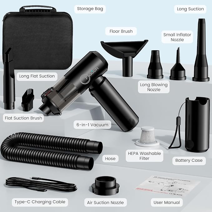 Cordless Car Vacuum Cleaner with Removable Battery as 35W Power Bank, 6-in-1 Handheld Vacuum Blower Set,18000PA Mini Vacuum Cleaner 6000mAH with Brushless Motor for Car Home -1 Battery