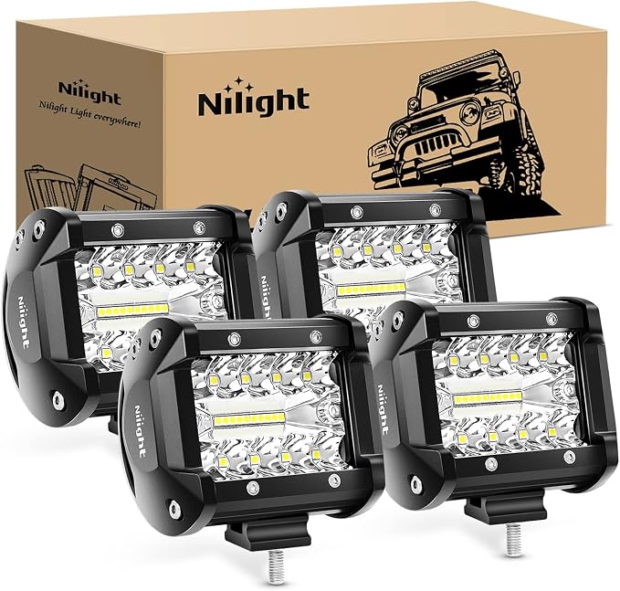 Nilight 4Pcs LED Pods 4Inch 60W Triple Row Flood Spot Combo 6000LM Light Bar Driving Fog Lights Off Road Lighting for Trucks Pickup Golf Cart SUV ATV UTV 4x4 Van Camper Boat