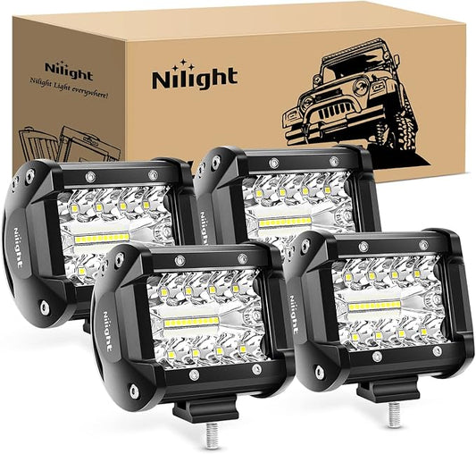 Nilight 4Pcs LED Pods 4Inch 60W Triple Row Flood Spot Combo 6000LM Light Bar Driving Fog Lights Off Road Lighting for Trucks Pickup Golf Cart SUV ATV UTV 4x4 Van Camper Boat