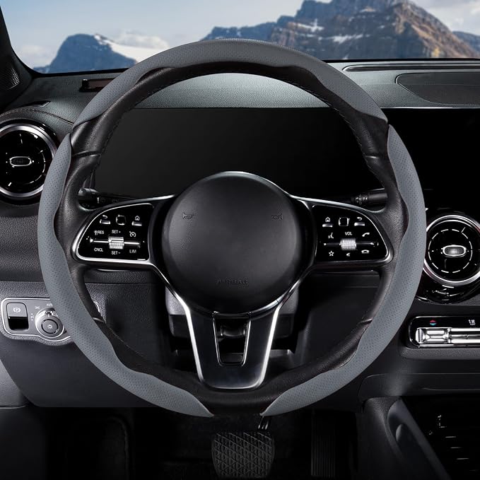 Car Steering Wheel Cover Leather Snap On 3Pcs Set Non-Slip Protector Wrap Steering Wheel Accessories 14.5-15 inch Universal Gray