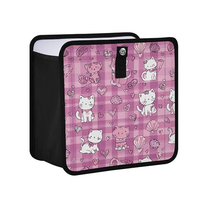 Car Trash Can Organizer Bin with Adjustable Strap for Back Front Seat Console Waterproof Leakproof Collapsible Portable 11 Inch Checkered Pink Kittens Hearts Shells