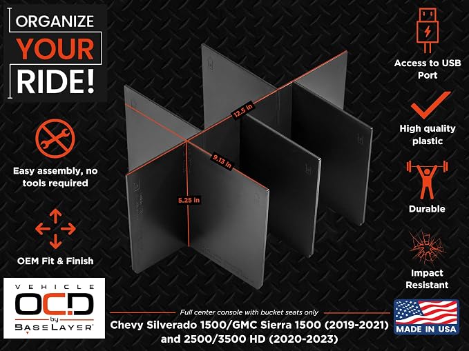 Center Console Organizer for Chevy Silverado 1500 / GMC Sierra 1500 (2019-2021) & 2500/3500 HD (2020-2023) (full console w/bucket seats ONLY) - Made in USA - SLX157