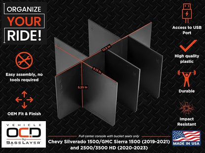 Center Console Organizer for Chevy Silverado 1500 / GMC Sierra 1500 (2019-2021) & 2500/3500 HD (2020-2023) (full console w/bucket seats ONLY) - Made in USA - SLX157