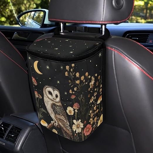 Talayituse Owl Mushroom Daisy Flower Print Car Trash Bin, Large Size Auto Trash Can Adjustable Portable Garbage Can with Lid, Vehicle Hanging Bag for Headrest Front Back Seat