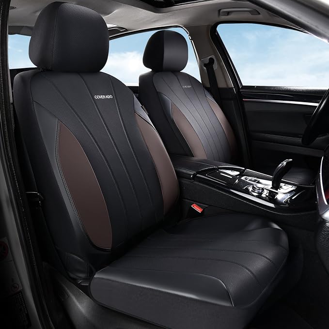 Coverado Car Seat Covers， 2 Front Seats Waterproof Nappa Leather Automotive Seat Protectors, Front Luxury Mesh Seat Covers, All-Weather Universal Fit for Most Cars SUVs, Trucks, Coffee&Black