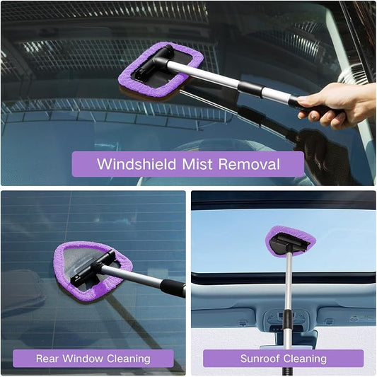 Qydipclin 7pcs Windshield Cleaner Tool Car Window Cleaning Wash Kit with 4 Reusable Microfiber Pads 1 Spray Bottle and Extendable Handle Auto Glass Wiper Kit, Purple