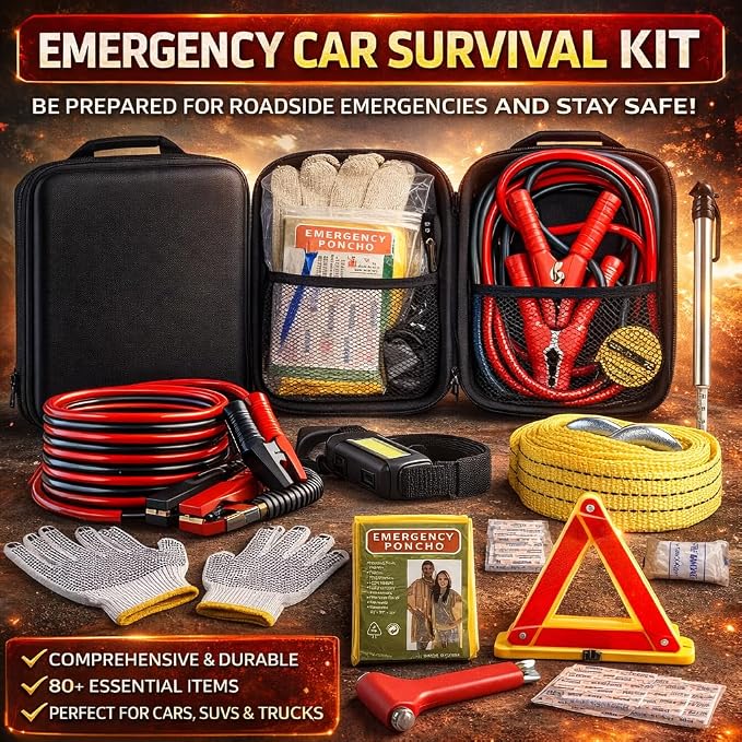 Car Emergency Kit with Battery Jumper Cables, Car Accessories Men Or Women, Emergency Car Kit, Roadside Automotive Safety Kit Car, Vehicle, Truck Or SUV, Gifts Men Or Him, Black
