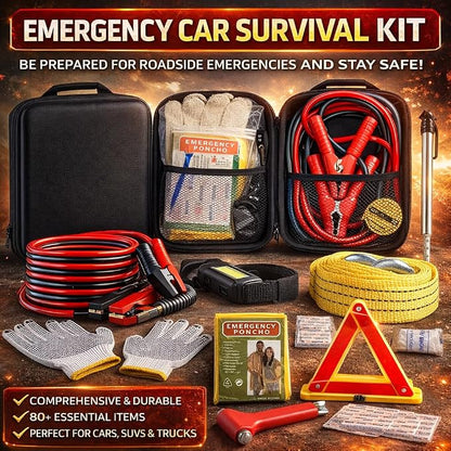 Car Emergency Kit with Battery Jumper Cables, Car Accessories Men Or Women, Emergency Car Kit, Roadside Automotive Safety Kit Car, Vehicle, Truck Or SUV, Gifts Men Or Him, Black