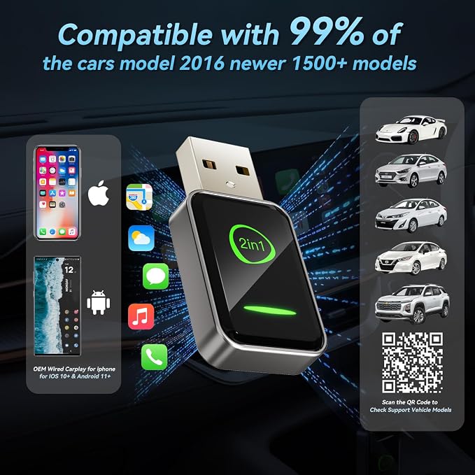 Mini Wireless CarPlay Adapter for Apple iPhone iOS 10+,No Delay & Fast, Plug & Play, Multi-User Seamless Connection for Convert Wired to Wireless Carplay Dongle for 2016+ Cars, USB-A/Type-C Port