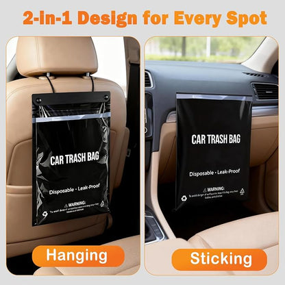 50 Count Recycled Disposable Car Trash Bags - 2.5 Gallon Heavy Duty Alternative to Bulky Car Trash Can & Car Garbage Can, Leakproof Smellproof Hanging & Stick-On Garbage Bag for Car, SUV, Truck