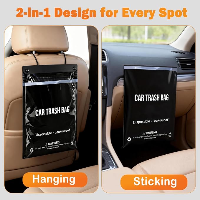 100 Count Recycled Disposable Car Trash Bags - 2.5 Gallon Heavy Duty Alternative to Bulky Car Trash Can & Car Garbage Can, Leakproof Smellproof Hanging & Stick-On Garbage Bag for Car, SUV, Truck