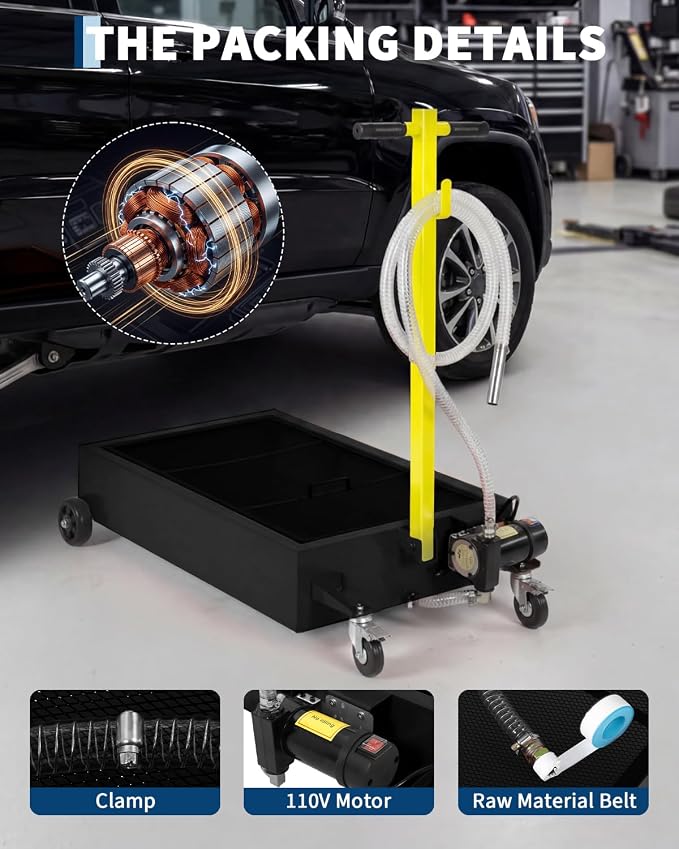 Garvee 20 Gallon Oil Drain Pan, 110V Waste Oil Drain Pan for Oil Change, Steel, 8-8.2 ft Hose& Folding Handle&Rolling Cart, Heavy Duty for Trucks,Black