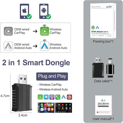 Wireless Carplay Adapter for iPhone, Wireless Adapter that only Support Apple Systems, 2-in-1 Mini USB Car Play Dongle for Car's Wired Car Play & Android Auto Plug & Play