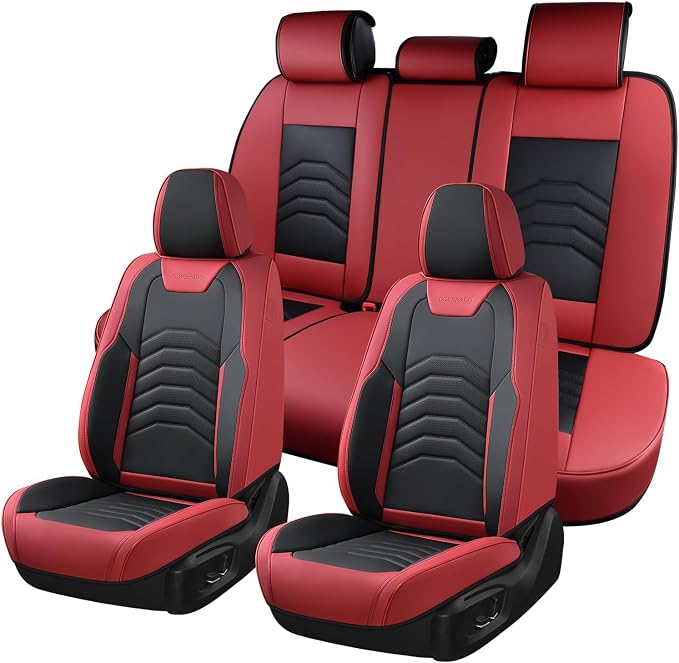 Coverado Seat Covers, Front and Back Seat Covers for Cars, Car Seat Cover, Car Seat Protector Waterproof, Car Seat Cushion Faux Leather, Seat Covers Carseat Cover Universal Fit for Most Cars Red&Black