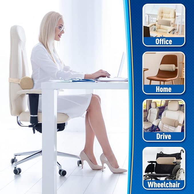 Lumbar Roll Support Pillow for Office Chair, Car, Gaming Chair, Memory Foam Back Cushion with Washable Cover for Relieving Back Pain & Improving Posture,Khaki
