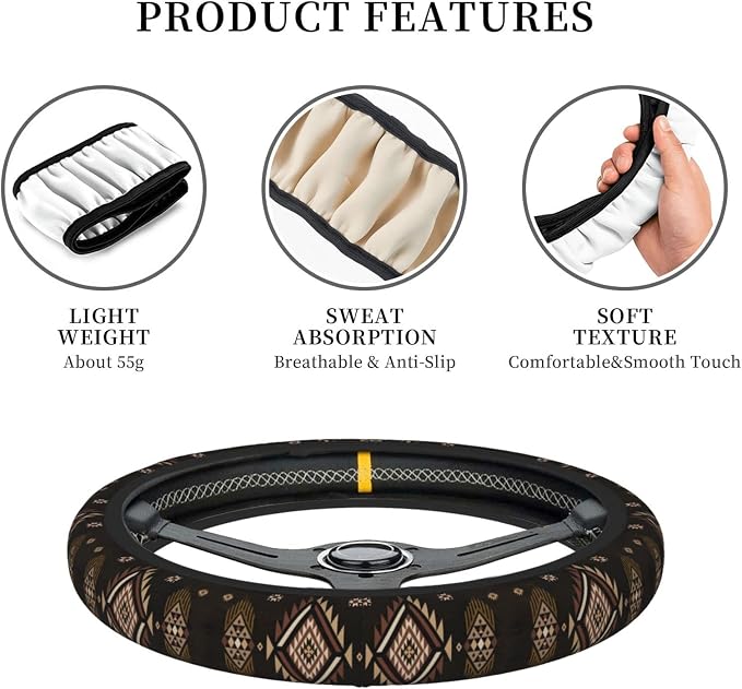 Southwest Pattern American West Steering Wheel Cover Anti-Slip,Sweat Absorption Universal 15 inch Steering Wheel Covers Cute car Accessories for Men Women