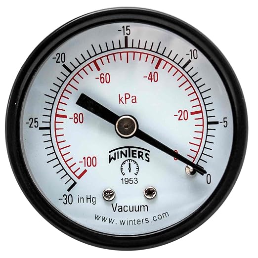 Winters 2 inch Dial Size, Multi Function Economy Utility Dry Pressure Gauge, Brass Internals, Steel Case, Dual Scale 30 inch Hg-0 Vac/kPa, 3-2-3% Accuracy, 1/4" NPT Back Mount, Vacuum Pressure Gauge