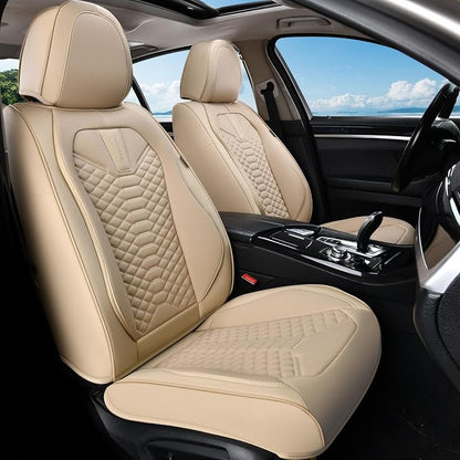 Coverado Car Seat Covers Full Set, Waterproof Nappa Leather Seat Covers for Cars, Universal 5 Seats Car Seat Covers, Front and Back Car Seat Protector, Auto Seat Covers Fit for Most Cars, Beige
