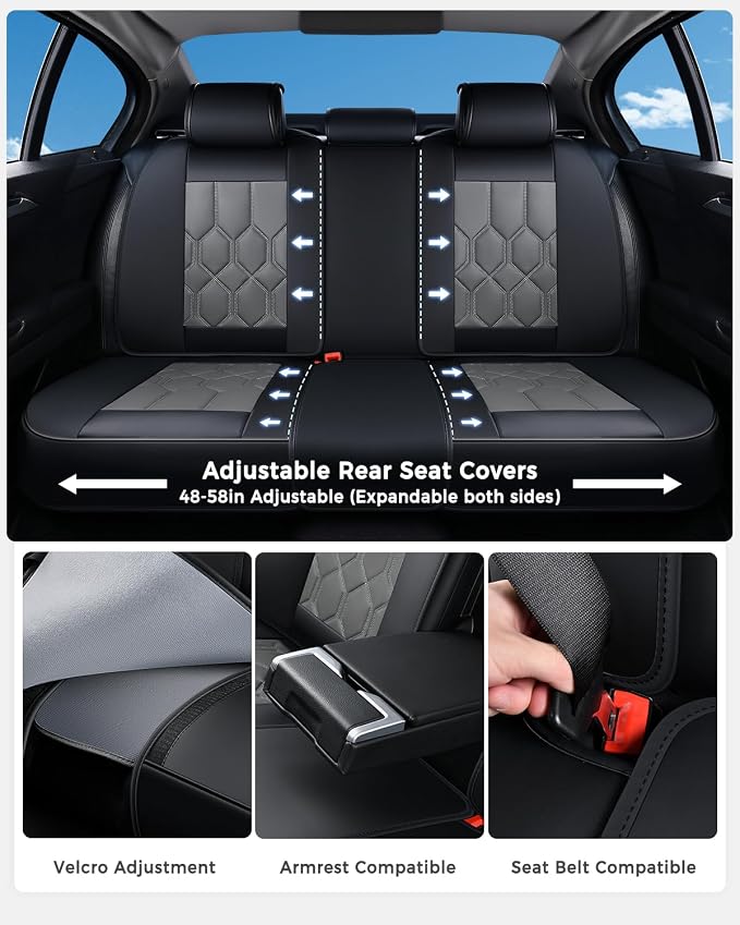 Huidasource Leather Car Seat Covers Full Set, Full Coverage Universal Fit for Most Cars SUVs Trucks, Easy Install with Velcro, Airbag Compatible, Retains Seat Functions & Cupholders, Black & Gray