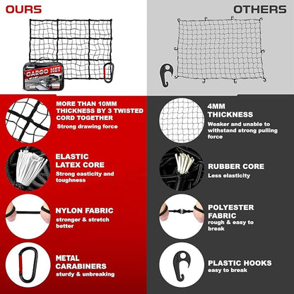 [Premium] 4'x6' Heavy Duty Cargo Net Stretches to 8' x 12', Extra Thick 10mm Cord Bungee Cargo Netting for Pickup Truck Bed, Roof Rack Net & 12 PCS Steel Carabiners