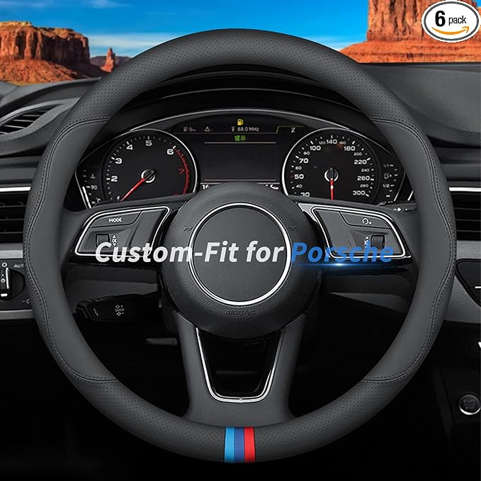 Deer Route Custom-Fit for Porsche Steering Wheel Cover, Premium Leather Car Steering Wheel Cover with Logo, Non-Slip, Breathable, for Porsche Accessories (D-Style,for Porsche)