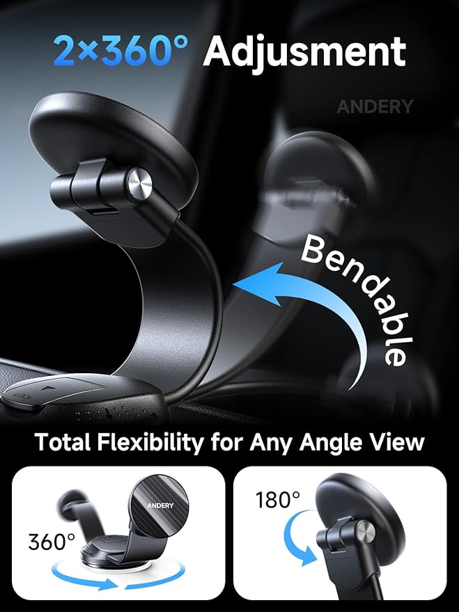 ANDERY Car Phone Holder for MagSafe [360° Adjustable Memory Alloy Arm | 2400gf Strongest Magnetic Power] Bendable Car Mount, Phone Holders for Your Car for iPhone 17-12 Pro Max Air Plus All Smartphone