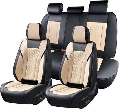 FLORICH Seat Covers, Car Seat Covers Full Set, Luxury Nappa Leather Seat Covers, Breathable and Waterproof Car Seat Protector 5 Seat, Automotive Seat Covers Universal Fit for Most Cars-Black&Beige