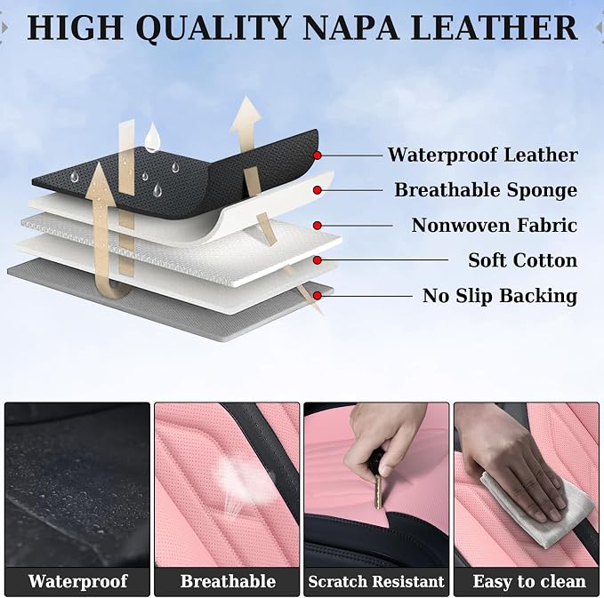 Coverado Car Seat Covers Full Set, Car Seat Protectors Leather Seat Covers for Cars, Automotive Seat Covers Car Accessories Universal Fit for Most Sedans SUV Pick-up Truck(Black&Pink)