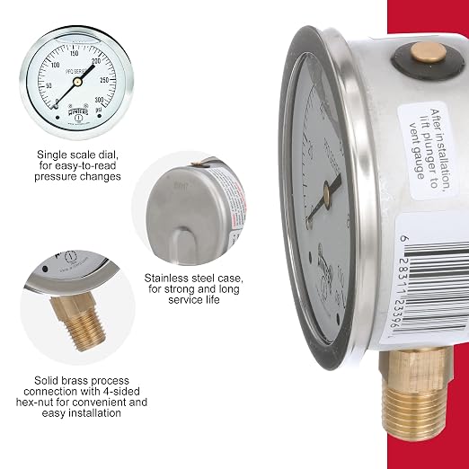 Winters 2-1/2" Dial Size, Liquid Filled Industrial Pressure Gauge, Brass Internals, 304 Stainless Steel Case, Single Scale 0-300 psi, 1.5% Acc, 1/4" NPT Bottom Mount, Glycerin Filled Pressure Gauge