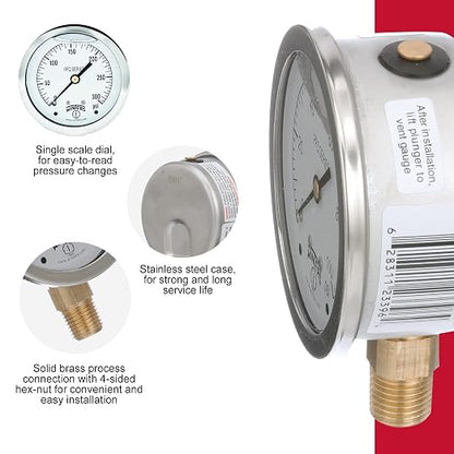Winters 2-1/2" Dial Size, Liquid Filled Industrial Pressure Gauge, Brass Internals, 304 Stainless Steel Case, Single Scale 0-300 psi, 1.5% Acc, 1/4" NPT Bottom Mount, Glycerin Filled Pressure Gauge