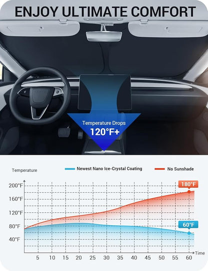 BASENOR 2026 Tesla Model Y/3 Windshield Sunshade, [Nano Ice Crystal] Folding Front Window Sun Shade Cover Heat UV Protection Visor Model Y/3 Accessories 2017-2026