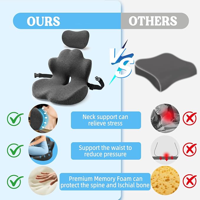 3-in-1 Memory Foam Seat Cushion & Headrest Pillow with Lumbar Support L-Shaped Ergonomic Driver Seat Cushions Design for Sciatica and Tailbone Pain Relief Comfort for Car,Truck,Chair