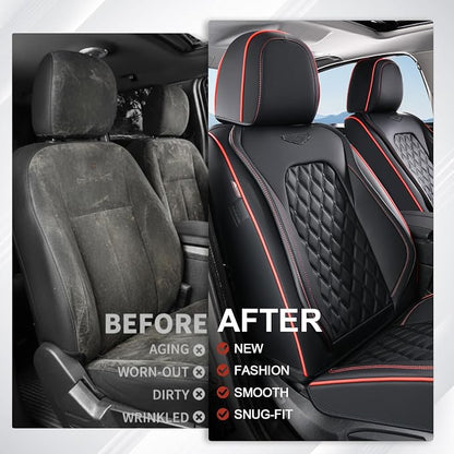 Coverado Front Seat Covers, Wear-Resistant Stain-Proof Cushions, Universal Fit for Most Vehicles, Waterproof Car Seat Protectors, Automotive Seat Covers-Red & Black Line Design
