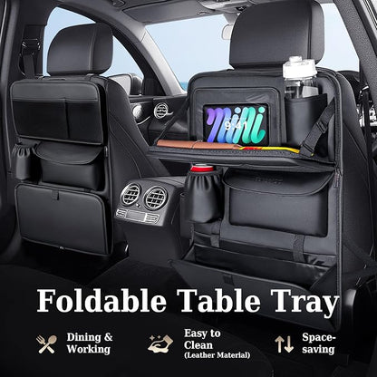 Coverado Backseat Car Organizer, Nappa Leather Car Seat Organizer with Touch Screen Tablet Holder, Foldable Food Tray, Kick Mats Protector, Multi Car Storage Accessories, Garbage Bag Holder-1 Pack