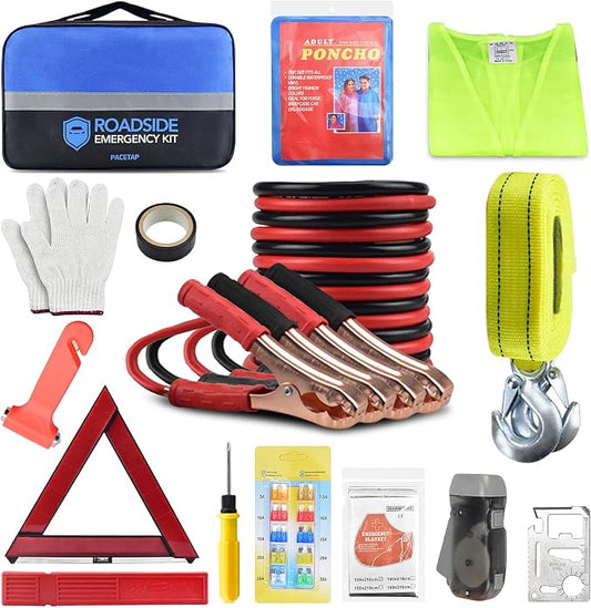 PACETAP Car Roadside Emergency Kit, Essential Auto Safety Road Side Assistance Tool Kit with Jumper Cables, Towing Rope, Triangle and More Winter Vehicle Accessories