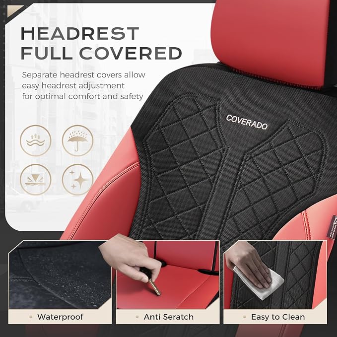 Coverado Car Seat Covers for Front Seats, Waterproof Automotive Seat Protectors 2-Pack, Leather & Mesh Driver Protectors Universal Fit for SUVs, Trucks, Sedans