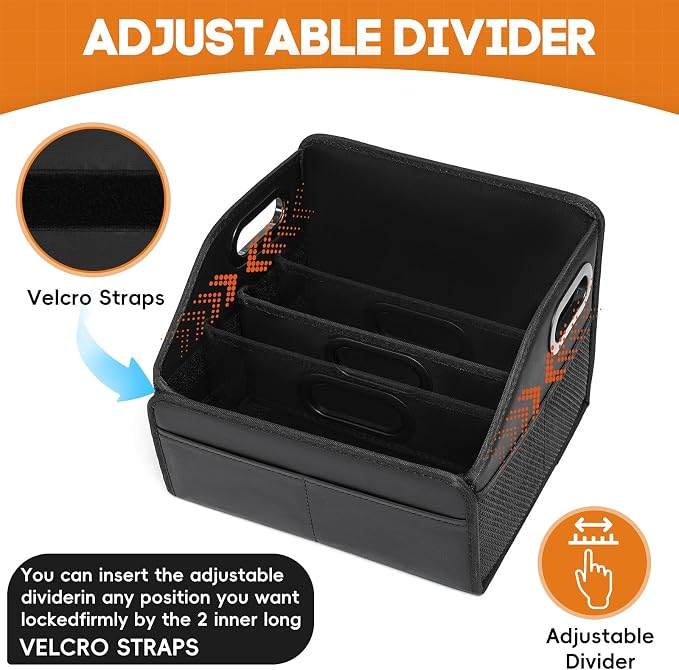Car Storage Organizer Reinforced Dividable Leather Car Caddy Basket for Front Seat Floor Back Sturdy Frosted Handle 8 Compartments Adjustable Strap Buckles Slip-Resistant (Normal)