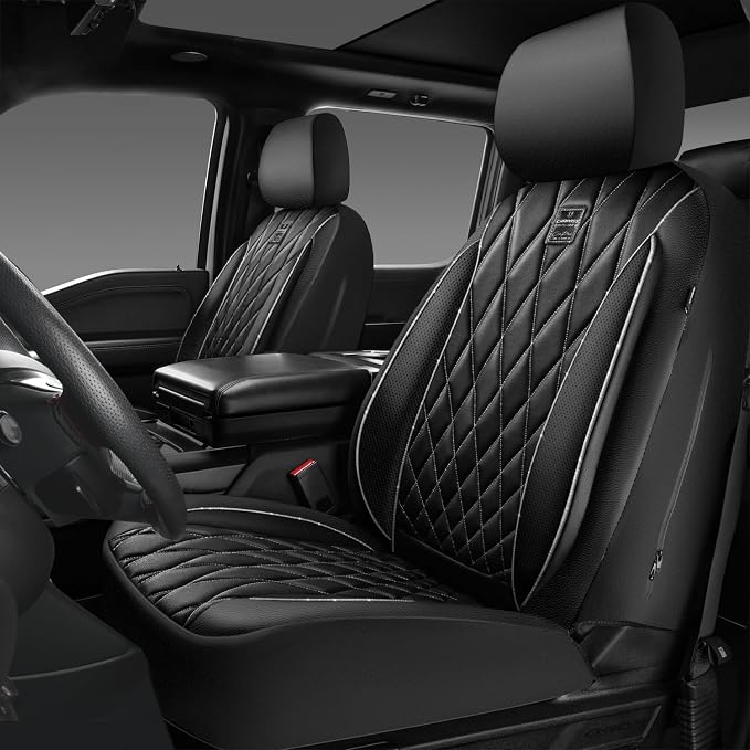 CAR PASS Piping Luxury Leather Two Front Car Seat Covers,Silver Glitter Waterproof Seat Cover Compatible with Front Seat Armrests,Universal Fit for Suvs,Vans,Trucks,Airbag Compatible(Black and Silver)