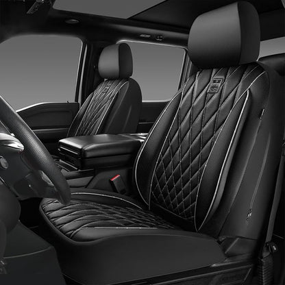 CAR PASS Piping Luxury Leather Two Front Car Seat Covers,Silver Glitter Waterproof Seat Cover Compatible with Front Seat Armrests,Universal Fit for Suvs,Vans,Trucks,Airbag Compatible(Black and Silver)