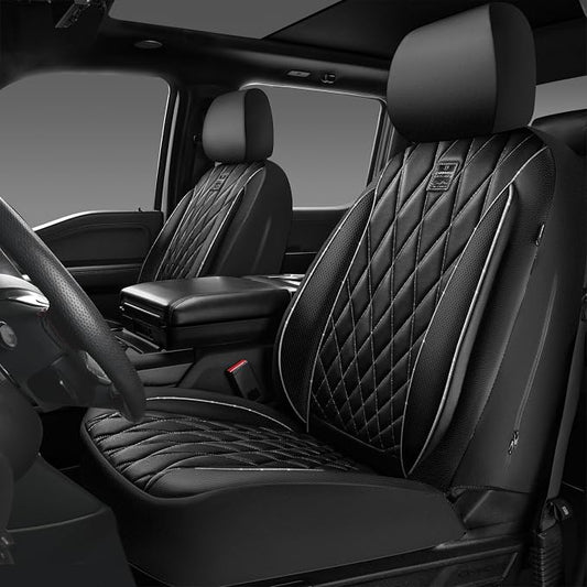 CAR PASS Piping Luxury Leather Two Front Car Seat Covers,Silver Glitter Waterproof Seat Cover Compatible with Front Seat Armrests,Universal Fit for Suvs,Vans,Trucks,Airbag Compatible(Black and Silver)