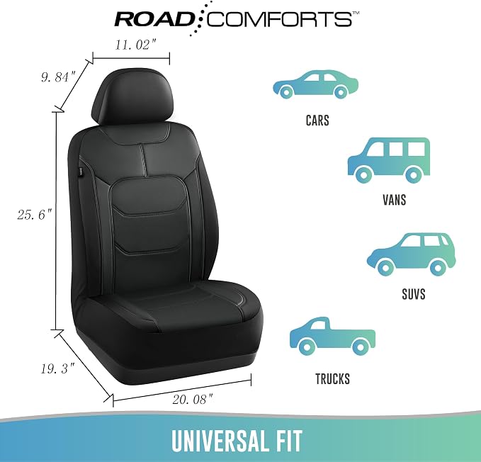 Road Comforts Seat Covers, Premium Leather Car Seat Covers Front Seats,Airbag Compatible, Automotive Seat Covers Universal Fit Most Cars,Vans,Truck,SUV Black