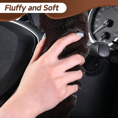 SEG Direct Furry Car Steering Wheel Cover with Gear Shift Cover, Soft and Warm, Cute Fluffy Auto Decor for Women Men, Standard Size, 2 PCS Set, Coffee Brown