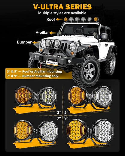 Auxbeam 9 Inch 300W LED Pod Lights, V-Ultra Series Round Spotlights with Amber DRL & 270° Side Shooter, 35600LM Universal Off-Road Driving Lights with DT Harness & Protective Covers, Pair