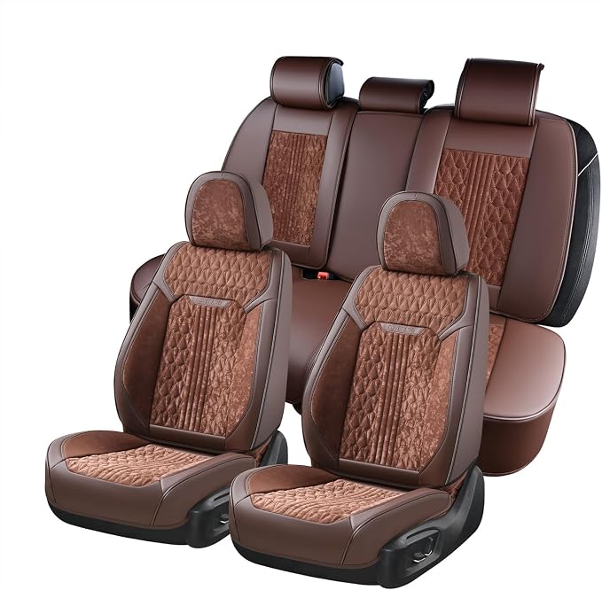 Coverado Car Seat Covers Full Set, Waterproof Seat Covers for Cars with Leather&Velvet, Car Seat Protector Universal Fit for Most Vehicles（Coffee）