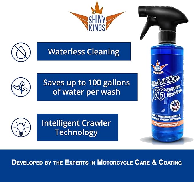 Shinykings Motorcycle Cleaner Wash&Shine 66 | WATERLESS BIke Wash with Ultra Shine Finish | Powerful Motorcycle Detailing Spray for All Surfaces | Bike Cleaner California | 16 fl.oz